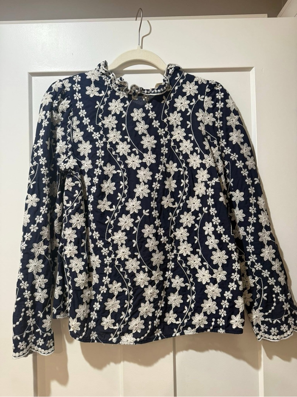 SEZANE Navy Blue White Floral Embroidered High Ruffle Neck Top Eglantine Blouse - Picture 2 of 4